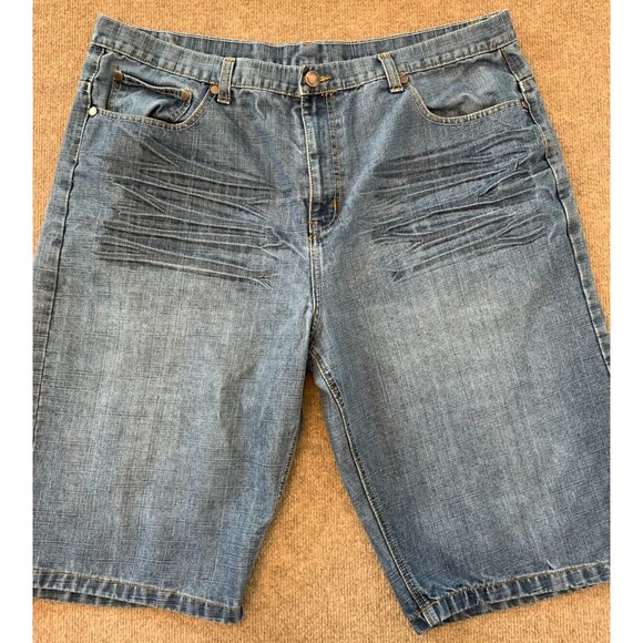 Brooklyn Xpress Jean Shorts Mens 42x15  Whiskered Y2K Hip Hop Baggy Denim Jorts - Picture 1 of 8